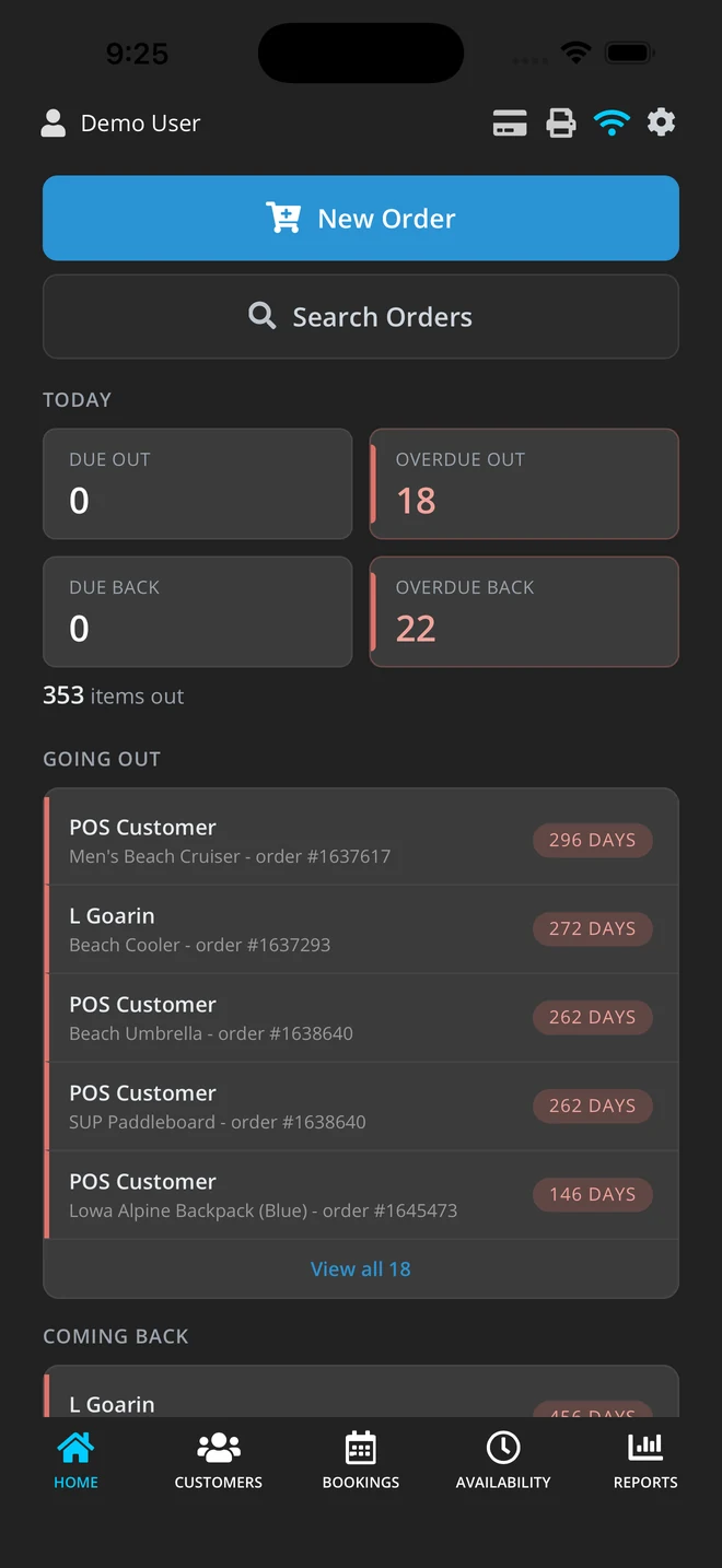 The OAK dashboard on iPhone: items due out, overdue, and gear going out.