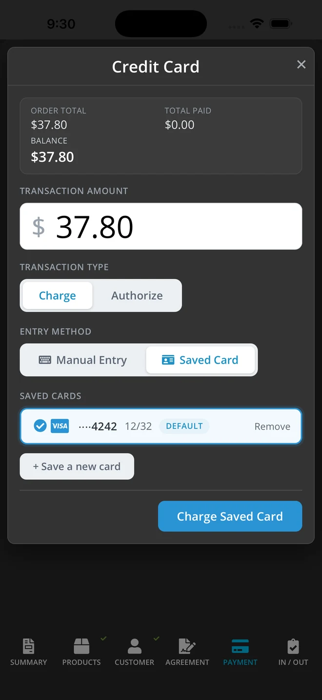 Taking a card payment on iPhone in OAK POS, with a saved card on file.